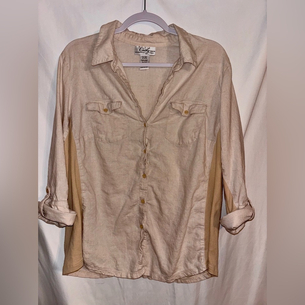 Cathy Daniels Co Linen Blend Button Up Shirt Roll Tab Sleeve V-Neck 1X
